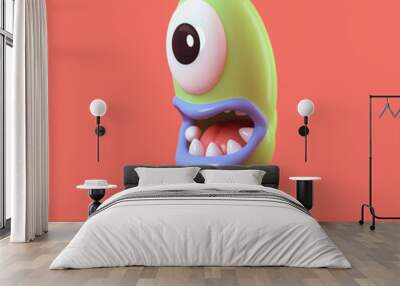 Big-eyed cartoon cute green alien monster with wide open mouth, blue lips, tongue, white teeth stands on a red background. Minimal art style. Concept art kawaii funny scary creature mutant. 3d render Wall mural