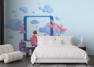 Casual brunette girl working on a laptop from home near a window with a view of the sky and blue clouds. Modern teenage girl room with workplace, books, cat, coral color plants. Pastel 3d illustration Wall mural