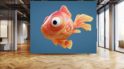 Concept art character of a sad little сute cartoon kawaii funny spherical goldfish with big bulging eyes, yellow belly and red back, round stylized scales floats in the air. 3d render on blue backdrop Wall mural