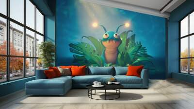 Cute alien creature hiding in the bushes in the jungle. Cartoon monster crawled out of the bushes charging its antennas in the sunlight. 3d illustration of the game location of a little funny traveler Wall mural