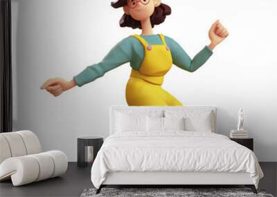 Cute excited funny smiling сasual asian active brunette girl in glasses wears fashion clothes green t-shirt, yellow overalls jump up in air have fun, rejoice, joy. 3d render isolated on white backdrop Wall mural