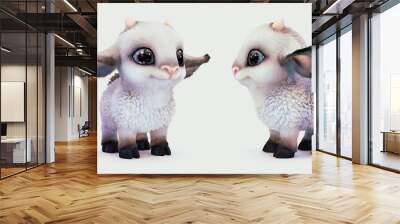 Cute sheep with big blue eyes, big ears and small horns standing on light gray background. Concept art of a small white kawaii fluffy cartoon sheep with smiling face. Adorable lamb. 3d illustration Wall mural