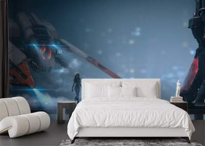 Cyborg girl walks on metal bridge to cryo chamber in empty space with view of the night city. Old scratched metal white orange spaceship hovering in the air. Assault fighter, gunship. 3d illustration. Wall mural