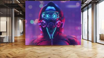 fashion cyberpunk girl in leather hoodie jacket wears gas mask with protective glasses, filters. col Wall mural