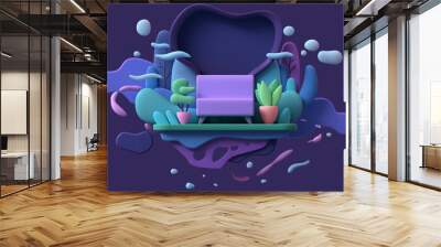 Floating island in blue clouds and flying bubbles with a pink sofa on a green lawn, potted plants, multicolor trees, bushes. Minimal art style. Cozy home at night. 3d illustration on purple background Wall mural