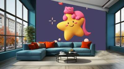 Fluffy pink cartoon cat sleeps lying on a yellow star floating in the night sky on a dark blue background with white bubbles, a red heart shape. Kawaii star with smiling face, eyes, cheeks. 3d render. Wall mural