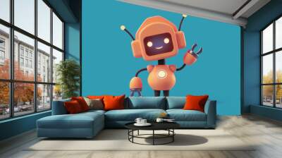 Friendly positive cute cartoon orange robot with smiling face waving its hand. Chatbot greets. Customer support service chat bot. Robot assistant, online consultant. 3d illustration on blue background Wall mural