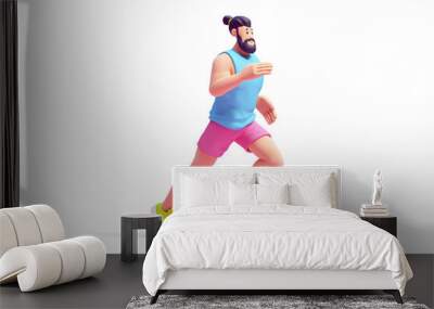 Full length of a young cute smiling bearded brunette man wears pink shorts, blue tank top, green sneakers running and having fun. Self-care, healthy lifestyle, wellness. 3d render isolated transparent Wall mural