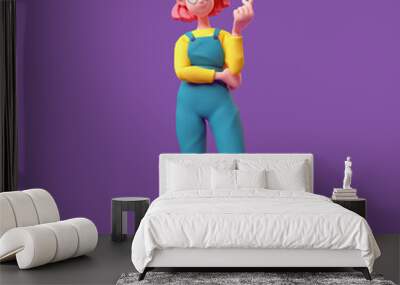 Funny positive kawaii casual smiling red haired k-pop girl in glasses wears blue overalls, yellow t-shirt stands makes korean love sign, finger heart gesture. I Love You. 3d render on purple backdrop. Wall mural