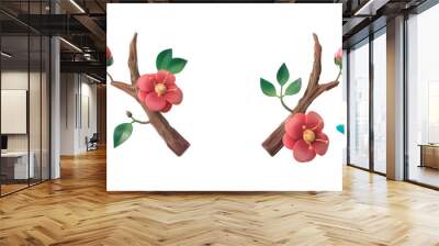 Pair of deer antlers with flowers and leaves. Nature Wildlife Decoration. Vintage style. Cartoon floral antlers with a blue butterfly flying. Horn or antler symbol. 3d rendering on white background Wall mural