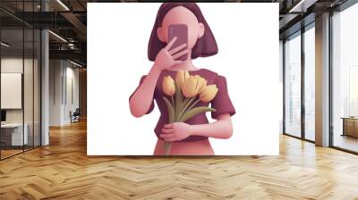 Portrait of casual young brunette woman in brown t-shirt, beige skirt, posing, taking selfie on smartphone camera. Faceless girl holds yellow tulips in one hand. 3d render isolated on white backdrop. Wall mural