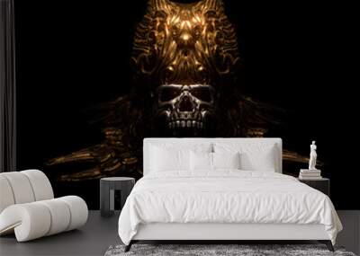 Scary metal skull in a decorative bronze crown with oriental ornaments. Concept art of a creepy gothic skull of a dead ancient king. Dark fantasy. Devil gold Mask. 3d illustration on black background. Wall mural