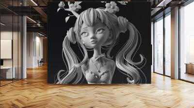 Sculpture of a forest girl with deer antlers. Cartoon character girl with hands behind her back. Portrait of an elegant, long-haired woman with two tails. Druid girl. 3d rendering on dark background. Wall mural