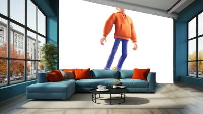 Tall funny cute brunette boy in casual fashion clothes orange hoodie blue pants in floating pose in space in harmony with himself, mental body health, inspiration. 3d render isolated on white backdrop Wall mural