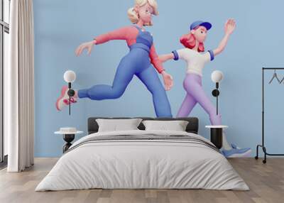 Two cute excited funny asian red blonde girls in fashion casual blue purple clothes compete run floating in air. Youth start-up for students, business education, internship, teamwork. 3d pastel render Wall mural