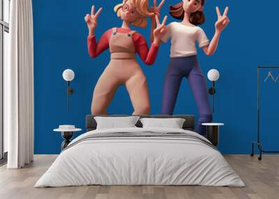 Two cute kawaii funny positive brunette blonde girls wear trendy casual clothes show fingers doing peace sign, victory symbol, success. Best friends have fun, dancing pose. 3d render on blue backdrop. Wall mural