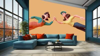 Two cute kawaii positive excited asian colorful active k-pop girls in fashion casual green orange yellow clothes float in air in zero gravity, holding hands in dream inspiration imagination. 3d render Wall mural