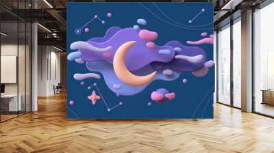 yellow moon floats in purple pink clouds on blue starry night sky. minimal art style. cute magic nig Wall mural