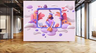 Young black thinking girl sitting on the windowsill floating in the clouds with laptop, cat, an owl, colorful plants. Woman in purple t-shirt, blue jeans, orange sneakers, white socks, cap. 3d render. Wall mural