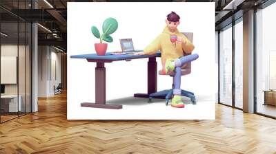 Young successful programmer guy in yellow hoodie, green sneakers sits cross-legged on an office chair at blue computer desk holds red cup of coffee in hand enjoys. 3d render isolated transparent. Wall mural