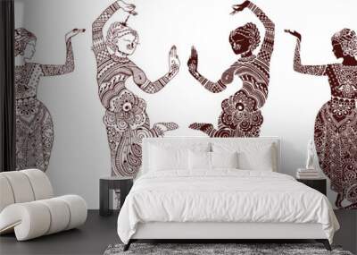 indian dancers set of hand-drawn style mehendi Wall mural