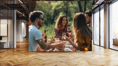 a group of young cheerful diverse men and women posing for a photo on a summer spring picnic in a park, drinking alcoholic beverages and eating food, snacks and having much fun, celebrating vacation Wall mural