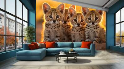 a group of young small teenage servals wild big cats curiously looking straight into the camera, golden hour photo, ultra wide angle lens. Wall mural