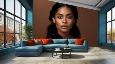 a macro close-up studio fashion portrait of a face of a young african woman with perfect skin, black hair and immaculate make-up. Skin beauty and hormonal female health concept Wall mural