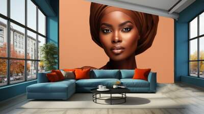 a macro close-up studio fashion portrait of a face of a young african woman with perfect skin, hair and immaculate make-up, wearing a head turban. Skin beauty and hormonal female health concept. Wall mural