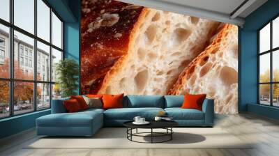 a macro photo of a sourdough wheat white bread with nice crust and oxygen bubbles, slices, filling the frame. Wall mural