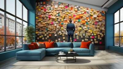 a man in business clothes standing with his back turned in front of a huge wall with sticky notes, cutouts and threads connecting the information. Detective investigative work in finance or business Wall mural