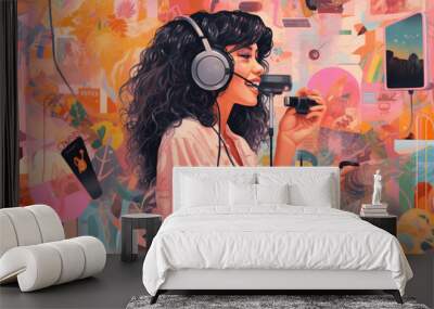 A retro art colorful collage of a young female creative with curly black hair wearing headphones, singing or speaking into a microphone. Pink color palette. Generative AI technology Wall mural