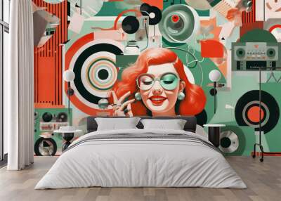 a vintage art colorful collage of a young female with red hair wearing white blouse and glasses, ret Wall mural