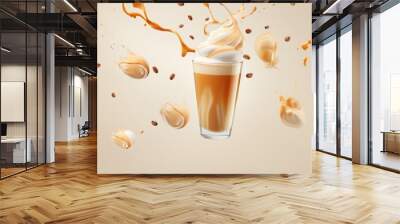 Advertisement studio banner with tall glasses with splashing pumpkin spice latte and whipped cream topping flying in the air on beige colored background. Food ingredient levitation. Wall mural