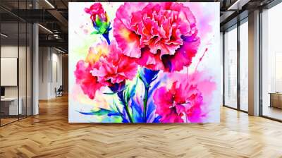 Floral colourful bloomy vibrant watercolour oil painting splash colour of carnation flowers Wall mural