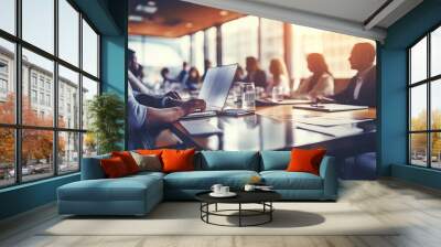 business people meeting at table. Abstract blurred office interior space background. blue and orange colors. Business concept Wall mural