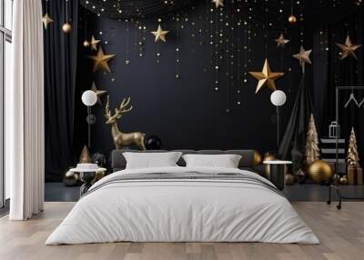 Festive Christmas or New Year photo studio background: dark black stylish walls, golden christmas ornaments, photo frame, a reindeer statue decoration, stars and sparkles Wall mural