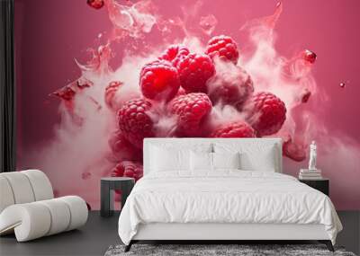 Many fresh raw red raspberries exploding and flying all around the pink background, steam and smoke behind. food levitation. Generative AI technology Wall mural