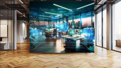 Modern neon cyberpunk open space office interior blurred with information technology overlay. Corporate strategy for finance, operations, marketing. Generative AI technology Wall mural