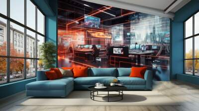 Modern neon cyberpunk open space office interior blurred with information technology overlay. Corporate strategy for finance, operations, marketing. Generative AI technology Wall mural