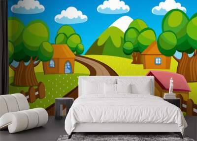 A beautiful green landscape with a house Wall mural