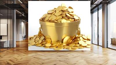 A group of gold coin full fill in golden ware bowl with beautiful leaf pattern stock photo Generative Ai Wall mural