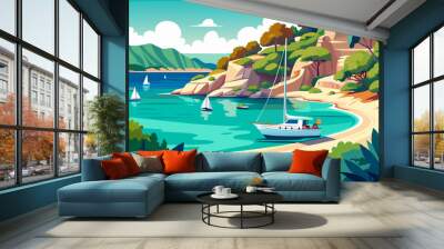 Beautiful Tropical landscape with beach fishing boat island and the sea in the backgroun Wall mural