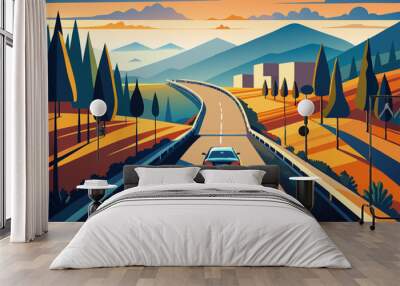 Car on road trip with mountains in the background flat Illustration Wall mural