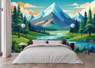 Vector mountain lake illustration with threes and sky Wall mural