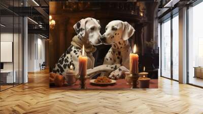 two cute dalmatian dogs having a romantic dinner dinning at the luxurious french parisian restaurant with vintage interior, touching their noses in love Wall mural