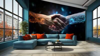 Two human hands shaking as if making a buying deal, with blue and orange digital cyber overlay, black background. Collaboration of robotics and AI with human society. Generative AI technology Wall mural