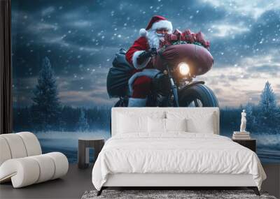 Santa riding motorcycle delivering christmas gifts through snowy forest Wall mural