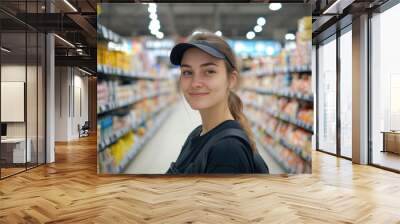 Smiling shopper in grocery aisle with casual attire and modern style Wall mural