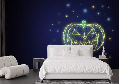 Halloween holiday. 2d neon pumpkin made of polygonal multicolored lines, triangles on a dark blue background. Bright flashes around the smiling pumpkin with copy space Wall mural